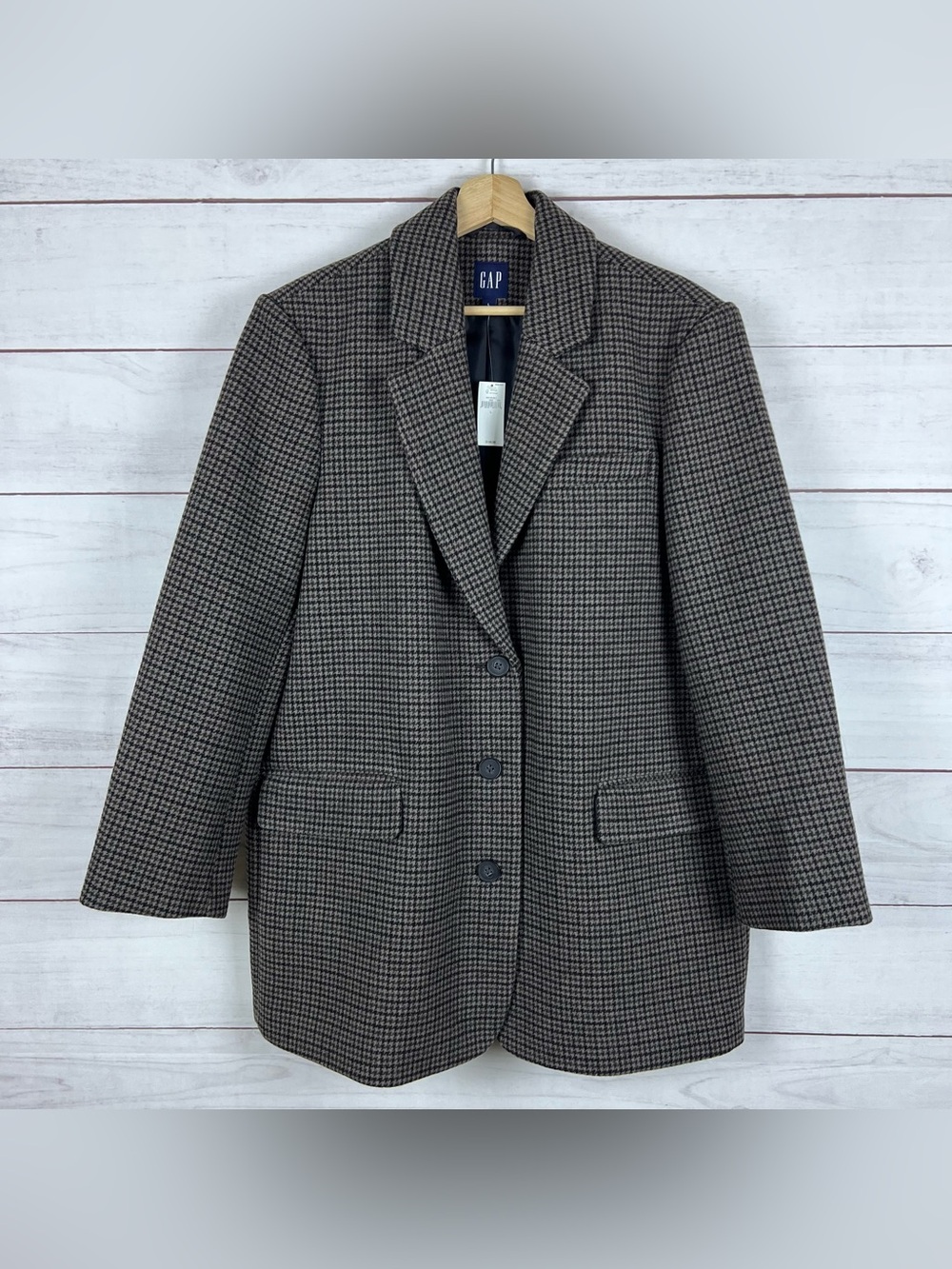 NWT Gap Wool Blend Relaxed Brown Houndstooth Blazer Jacket Large $198 Academia